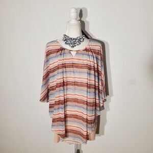 CATO BLOUSE ORANGE/BLUE SHORT SLEEVE POLY/SPANDEX 26/28(3X)